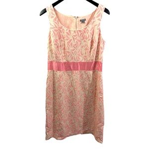 Ann Taylor brocade shift midi dress pink white Crossgrain Waist Bow 12 Coquette